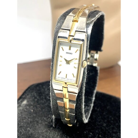 Seiko Women's Watch 2E20-0AY0 Quartz Petite Tank Rectangle White Dial Two Tone - Picture 1 of 14